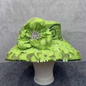 VTG Ms Divine Hat Sun Womens Green Lace Wide Brim Rhinestone Sequin Derby Church